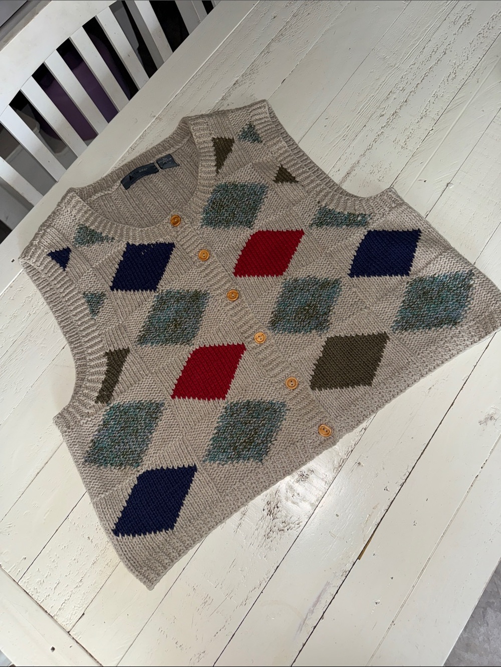 Liz wear Men's Argyle Knit Button Vest - Beige with Red, Navy & Green Accents Lg